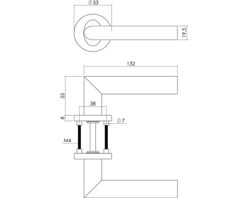 Schéma technique d''une poignée de porte avec dimensions