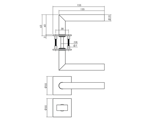 Technische Zeichnung einer Türklinke mit Maßangaben