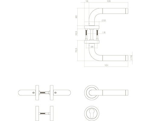 Schéma technique d''une poignée de porte avec dimensions