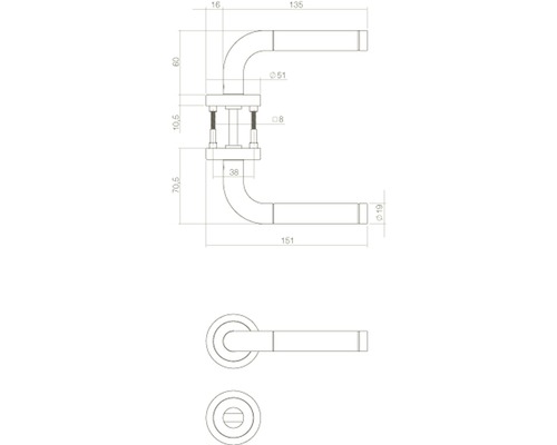 Schéma technique d''une poignée de porte avec dimensions.