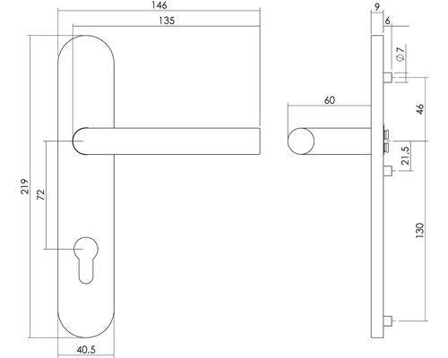 Dessin technique d''une poignée de porte avec dimensions