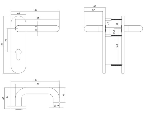 Dessin technique d''une poignée de porte avec indications de mesure