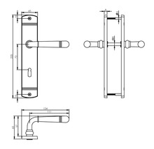 Dessin technique d''une poignée de porte avec plaque longue et indications de dimensions