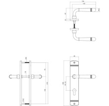 Schéma technique d''une poignée de porte avec indications de mesure