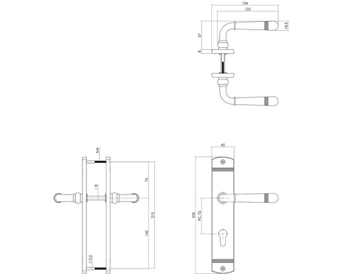 Schéma technique d''une poignée de porte avec indications de mesure