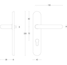 Schéma technique d''une poignée de porte avec plaque longue et dimensions