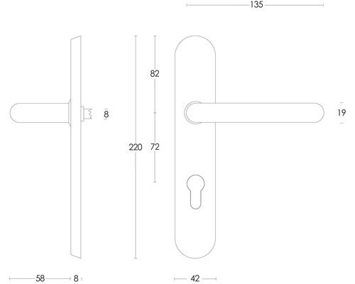 Schéma technique d''une poignée de porte avec plaque longue et dimensions
