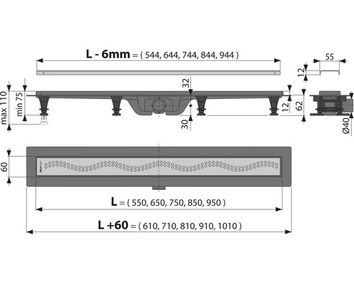 Caniveau de douche APZ8-950M avec grille en acier inoxydable 950 mm