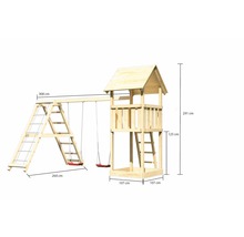 Spielturm mit Schaukel und Leiter aus Holz mit Maßangaben