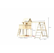 Abmessungen eines Spielturms aus Holz mit Schaukel und Kletterleiter