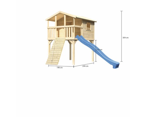 Cabane de jeux en bois avec toboggan bleu et dimensions