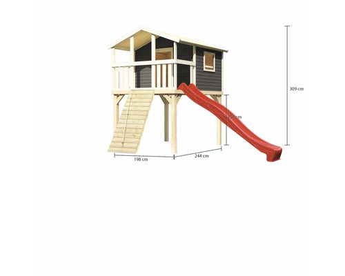 Cabane de jeu en bois avec toboggan et échelle, indications de dimensions