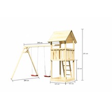 Spielturm aus Holz mit Schaukel und den Maßen 240 cm x 264 cm x 291 cm