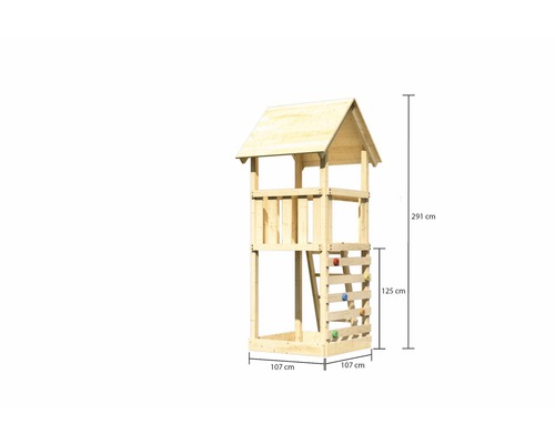 Tour de jeu en bois avec des dimensions de 291 cm de hauteur, 107 cm de largeur et 125 cm de hauteur du mur d''escalade