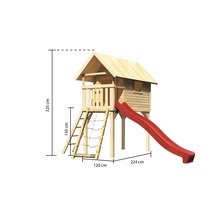 Spielturm aus Holz mit Rutsche und Leiter mit Maßangaben