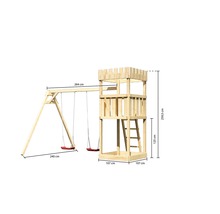 Holzspielturm mit Schaukel und Maßen