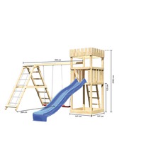 Spielturm aus Holz mit Rutsche und Schaukel mit Maßangaben