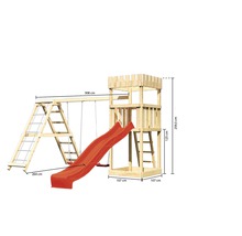 Spielturm mit Schaukel, Rutsche und Kletterleiter aus Holz mit Maßangaben