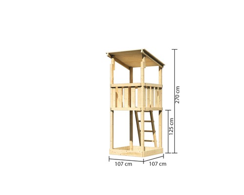 Tour de jeu en bois mesurant 107 cm x 107 cm x 270 cm
