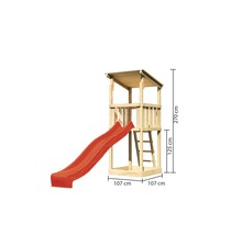 Spielturm aus Holz mit Rutsche und den Maßen 270 cm Höhe, 107 cm Breite und 125 cm Höhe bis zur Plattform
