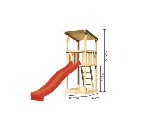 Tour de jeux en bois avec toboggan et dimensions 270 cm de hauteur, 107 cm de largeur et 125 cm de hauteur jusqu''à la plateforme