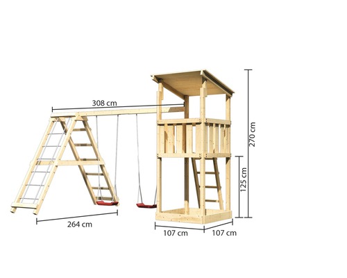 Tour de jeu en bois avec balançoire et échelle mesurant 308 cm sur 264 cm sur 270 cm