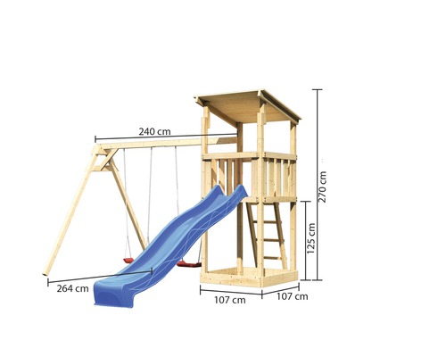 Spielturm mit Schaukel und Rutsche mit Maßangaben