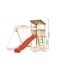 Spielturm mit Schaukel und Rutsche aus Holz mit Maßangaben