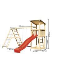 Spielturm aus Holz mit Schaukel, Kletterwand und Rutsche mit Maßangaben