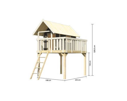 Maison de jeux en bois avec échelle et dimensions.