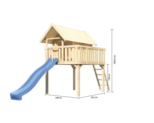 Maisonnette en bois avec toboggan et échelle, dimensions : 329,5 x 198 x 243 cm