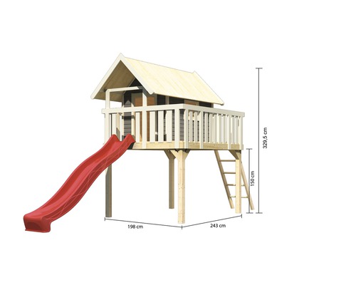Maisonnette en bois avec toboggan et échelle, et indications de taille