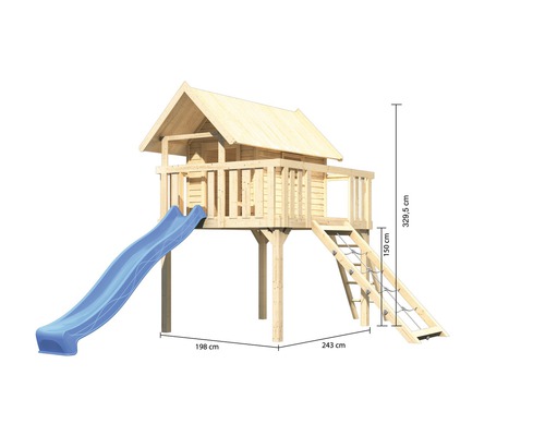 Cabane de jeux en bois avec toboggan et échelle mesurant 198 cm x 243 cm x 329,5 cm