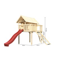 Holzspielhaus mit Rutsche und Kletterleiter mit Maßangaben