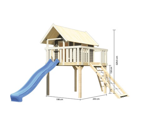 Cabane de jeux avec toboggan et échelle d''escalade mesurant 198 cm sur 243 cm et d''une hauteur de 329,5 cm