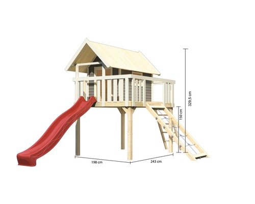 Cabane de jeu avec toboggan et échelle, dimensions 198 cm x 243 cm x 329,5 cm