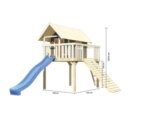 Cabane de jeu en bois avec toboggan et escalier, dimensions 198 cm x 243 cm x 329,5 cm