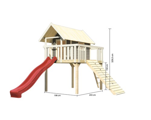 Tour de jeu en bois avec toboggan et échelle, dimensions 198 cm x 243 cm x 329,5 cm