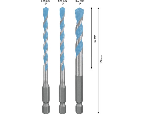 Jeu de forets avec des diamètres de 5,0 mm, 6,0 mm et 8,0 mm