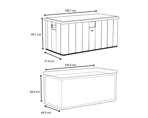 Technische Zeichnung einer Aufbewahrungsbox mit Größenangaben