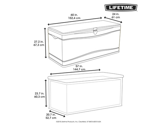 Abmessungen einer Lifetime Aufbewahrungsbox als Schemazeichnung.