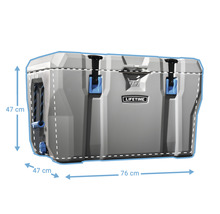 Graue Kühlbox mit den Maßen 47 cm x 47 cm x 76 cm.