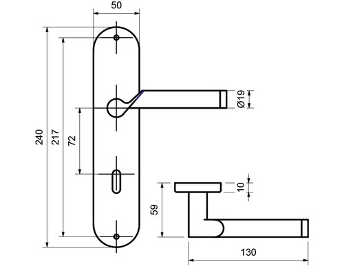 Technische Zeichnung einer Türgarnitur mit Maßangaben