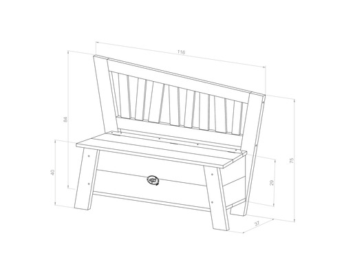 Schéma technique d''un banc de jardin avec espace de rangement et dimensions.