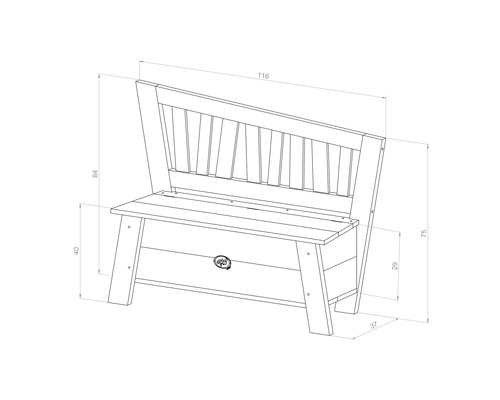 Schéma technique d''un banc de jardin avec espace de rangement et indications de dimensions.