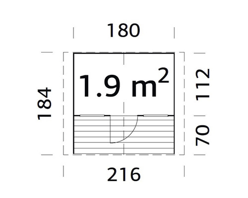 Plan avec les dimensions d''un abri de jardin, surface 1,9 mètre carré