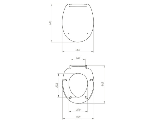 Technische Zeichnung eines WC-Sitzes mit Maßen