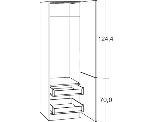 Schéma d''une armoire avec étagère, tringle et deux tiroirs