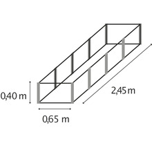 Draufsicht eines Bausatzes für ein Hochbeet mit den Maßen 0,40 Meter mal 0,65 Meter mal 2,45 Meter.