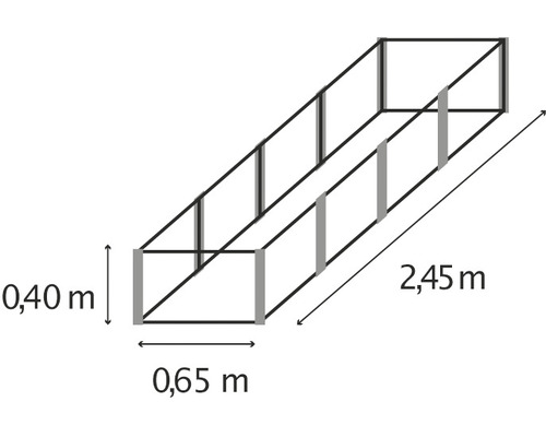 Draufsicht eines Bausatzes für ein Hochbeet mit den Maßen 0,40 Meter mal 0,65 Meter mal 2,45 Meter.